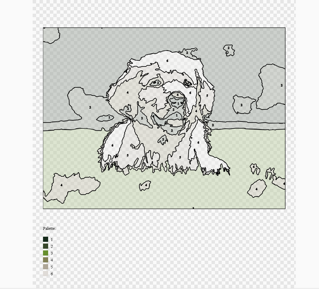 A demo of the NumArt project, showing a photo of a dog after running the NumArt software on it.