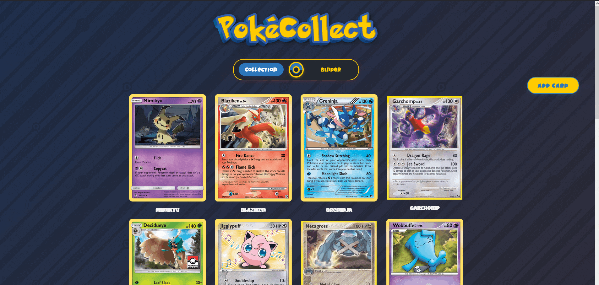 A demonstration of the PokeCollect app showing card search and collection features.